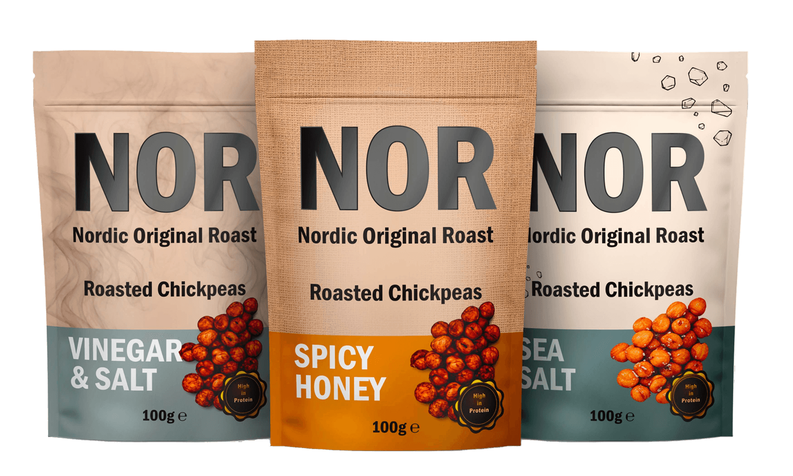 Tre poser NOR ristede kikerter: Sea Salt, Vinegar & Salt, Spicy Honey